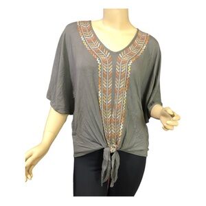Democracy Cropped Dalman Sleeve Tie-Front Top with Multi-Color Embroidery. NWT!